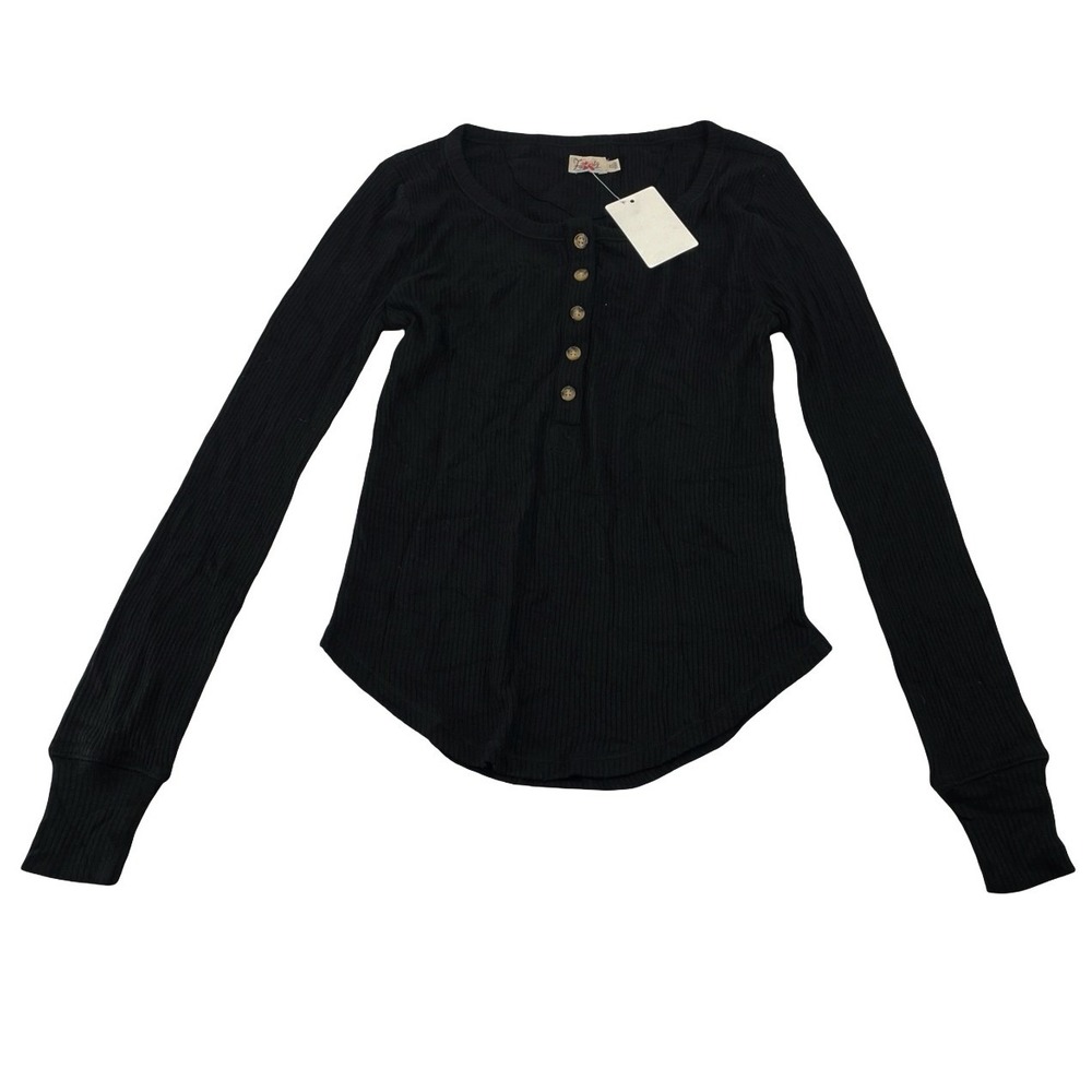 Faherty Women's Henley Top Ribbed Black Knit Extra Small